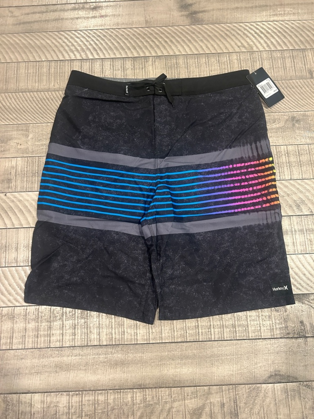 Hurley Men’s Black Swim Shorts with Blue, Purple and Pink Stripes
